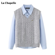 拉夏贝尔/La Chapelle针织马甲衬衫两件套女春季叠穿上衣套装