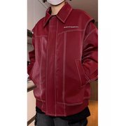 酒红色冷淡系短款外套男春季设计感假两件pu皮机车服美式垫肩夹克