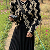 韩国chic秋冬复古圆领重工，提花泡泡袖短外套，+高腰百褶半身裙长裙