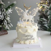网红圣诞节蛋糕装饰发光蝴蝶摆件，唯美闪粉麋鹿，水晶鹿钻石摆件插件