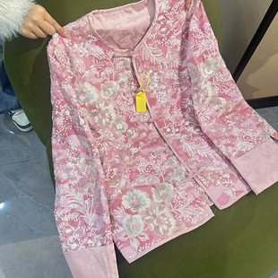 流行新中式国风刺绣缎面亮片粉色上衣2024春季宽松气质外套