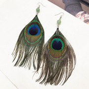 波西米亚古韵民族风孔雀羽毛长款耳环，时尚夸张飘逸流苏女耳坠耳饰