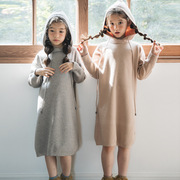 童装秋冬女童毛衣直筒裙中长款韩版中大童长袖连帽针织长裙子