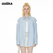 GUUKA天蓝色长袖衬衫女秋潮 少女嘻哈镂空设计袋中袋衬衣宽松