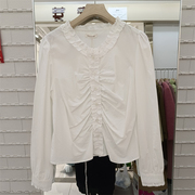 白色衬衣女春季韩系少女甜美蕾丝木耳花边皱褶长袖衬衫上衣A151