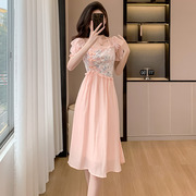 中式国风2024夏粉色(夏粉色，)短袖荷叶边雪纺裙，拼接碎花高腰显瘦中长裙