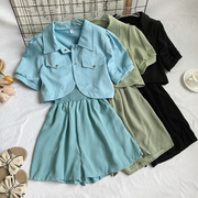 韩版polo领泡泡袖衬衫，小外套上衣+褶皱高腰，吊带连体裤短裤两件套