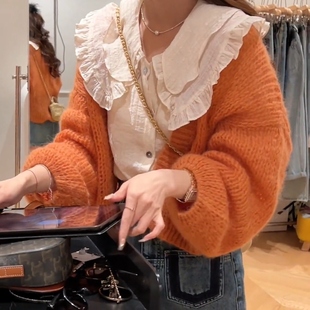时尚休闲橘色镂空针织开衫女2024春季韩范宽松设计感罩衫上衣