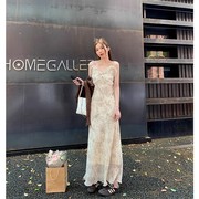 野哥不野法式温柔木耳边碎花吊带裙，女2023夏雪纺(夏雪纺)气质连衣裙