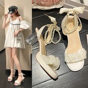 网纱高跟鞋女夏2023年粗跟水晶法式仙女，珍珠罗马系带凉鞋露趾