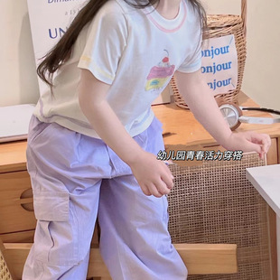 韩版童装夏季女童白色纯棉短袖t恤儿童紫色休闲工装裤运动套装