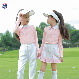 ZG6高尔夫童装女球服儿童女运动套装长袖弹力粉色T恤短裙白长裤