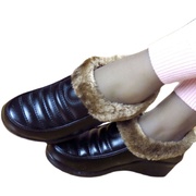 秋冬款软底坡跟防滑棉鞋，中年妈妈鞋加绒保暖纯色简约圆头皮鞋女鞋