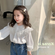 2024韩版儿童春季女童蕾丝，花边衬衫韩版翻边长袖上衣打底衬衫