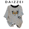 DAIZZEI~2023夏季时尚黑白细条纹短袖T恤女豹头刺绣宽松上衣