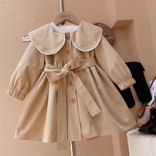 中大童2023春装女童可爱娃娃领小女孩韩版洋气风衣外套
