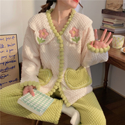 小清晰珊瑚绒睡衣女2023秋冬季加绒加厚冬天法兰绒家居服套装