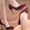 lasanye漆皮侧空12cm紫色，高跟鞋超浅口细跟性感，尖头大码红底单鞋