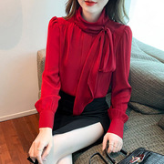 红色雪纺衬衫女长袖设计感小众蝴蝶结系带衬衣，洋气内搭小衫上衣服
