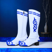 女士蒙古靴成人儿童定制民族白蓝色(白蓝色)中长高筒，舞蹈靴子软平底翘头鞋