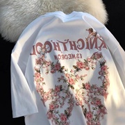 小天使玫瑰蝴蝶前后印欧货纯棉印花短袖夏季男女款情侣T恤