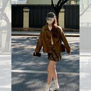 美式复古棕色皮衣短外套秋季2024女装，高级感小个子机车服夹克
