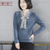 2025新款春季飘带领拼接宽松胖MM中年妈妈长袖T恤女装大码雪纺衫