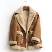 Y417纯色麂皮绒加厚皮毛一体西装领单排扣冬季长袖百搭女外套