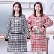 加厚棉布罩衣家用厨房做饭长袖围裙韩版女时尚格子防污带袖工作服