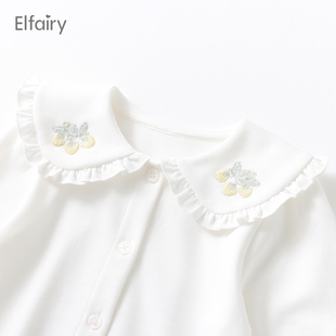 elfairy宝宝打底衫女童娃娃，领衬衣白色，婴儿春装上衣儿童纯棉衬衫