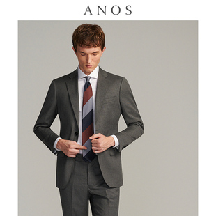 ANOS灰色西装套装男平纹牛角扣商务修身绅士英伦风平驳领西服外套
