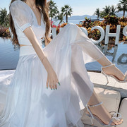 仿天丝套装裙时尚2023法式v领白色上衣，高腰长裙气质两件套潮