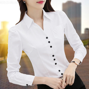 白色衬衫女士长袖2024春秋韩版酒店前台衬衣OL职业装V领上衣