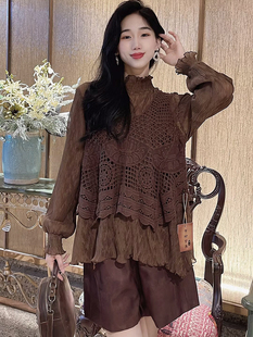 中国风复古雪纺衫女士，套头立领中长款纯色长袖，遮肚叠穿上衣假两件