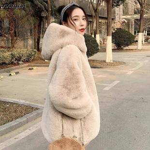 韩版毛毛绒皮草外套女中长款2022冬季茧型拉链，仿兔毛连帽大衣宽松