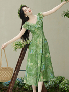 麦子法式小飞袖绿蝴蝶仙女风，连衣裙度假风显白绿野仙踪风迪家同款