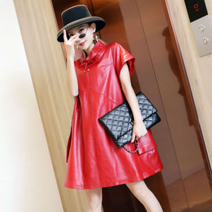 连衣裙女红色23秋季绵羊皮，皮裙高领a字裙真皮，韩版半袖中长裙