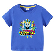 托马斯衣服小火车男童短袖T恤纯棉卡通宝宝半截袖体恤蓝色圆领潮