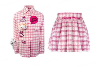 地球店粉色格子粗花呢洋气高级感套装女春秋衬衫外套半身裙两件套