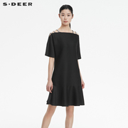 sdeer圣迪奥露肩长裙，肌理褶皱拼接裙子黑色连衣裙流行s222z1261