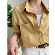 法式黄色衬衫女春秋polo领长袖衬衣，女装小众上衣