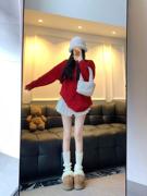 圣诞新年战袍高领2023秋冬红色高级感针织毛衣裙(毛，衣裙)百褶裙裤套装