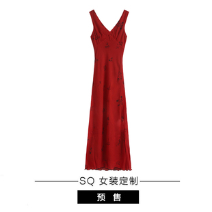 sq蔷薇红色v领吊带连衣裙女夏收腰包，臀度假裙长款