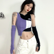 klalien辣妹个性设计感贴布拼接(布拼接)撞色t恤紫色修身短款露脐女团上衣