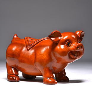 花梨木雕刻一对猪摆件三合十二生肖动物实木质家居装饰红木工艺品