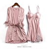 睡衣女夏季薄款冰丝绸睡袍，睡裙两件套性感，带胸垫长吊带家居服套装