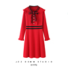 法式复古针织红色连衣裙，女2022秋冬蝴蝶结系带长袖显瘦中长裙