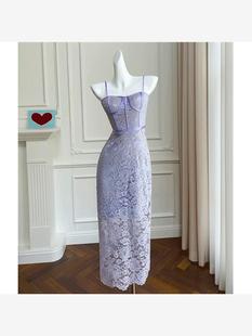 法式复古气质轻熟名媛礼服，高腰吊带紫色，蕾丝高级感修身连衣裙夏季