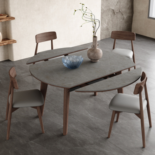 北欧伸缩岩板餐桌现代简约方圆，两用可拉伸小户型，意式极简实木餐桌