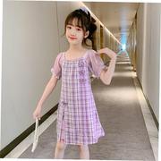 女童旗袍连衣裙，夏季2023中国风连衣裙紫色，旗袍裙儿童公主裙潮